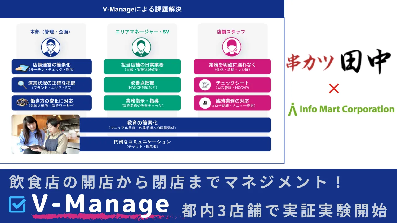 飲食店の開店から閉店までマネジメント！「V-Manage」都内3店舗で実証実験開始